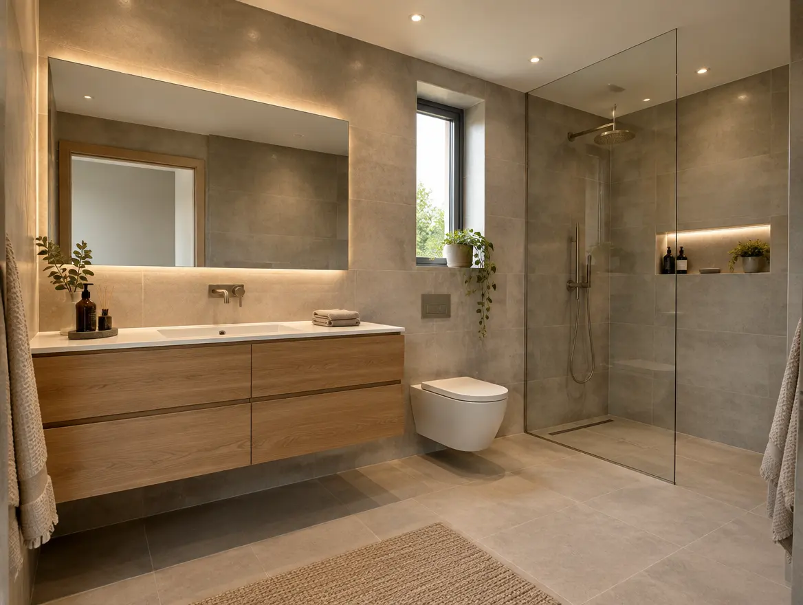 Baño terminado con enchape gris de gran formato y mueble de roble.