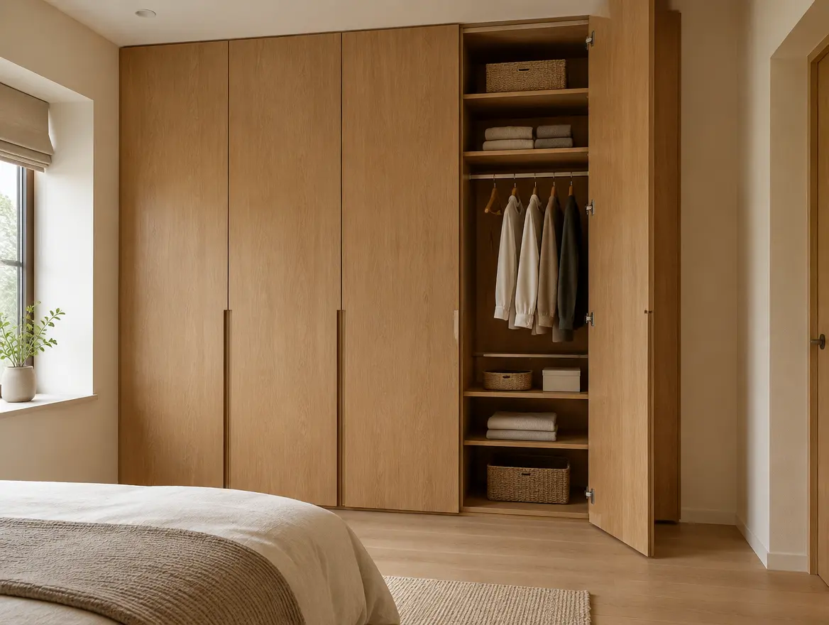 Closet de piso a techo en roble con una puerta abierta.