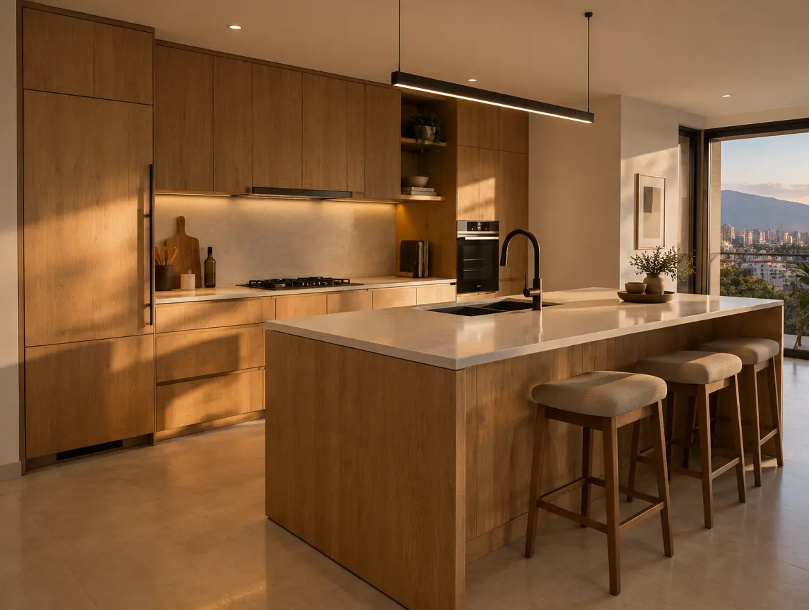 Cocina integral terminada con muebles de roble, mesón de piedra clara e iluminación cálida.