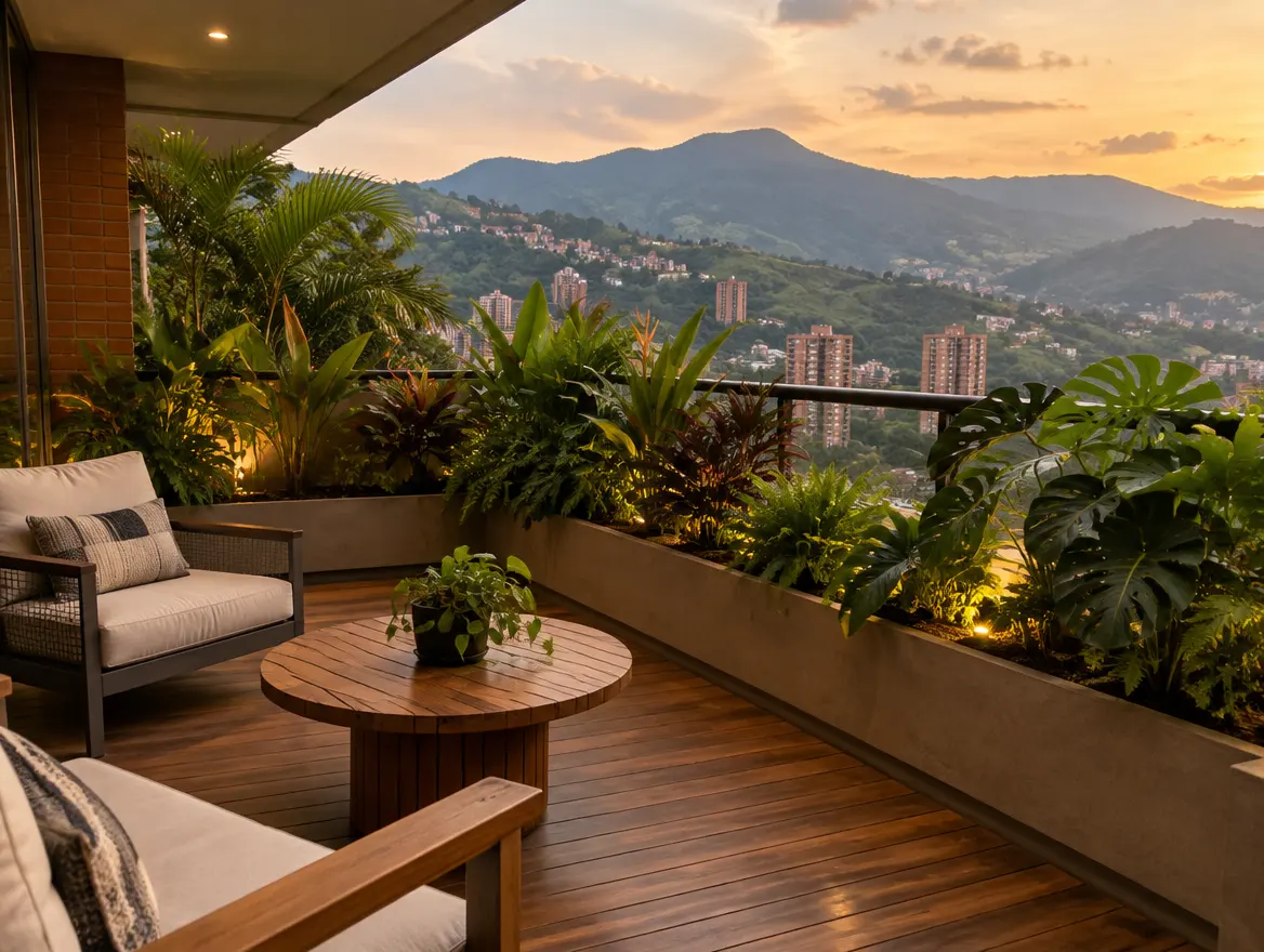 Balcón con jardineras tropicales, deck de madera y montañas al atardecer.
