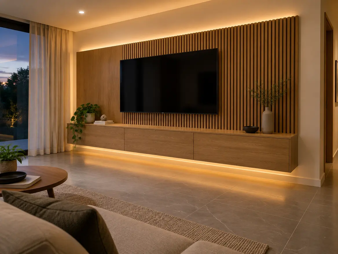 Centro de TV con panel de listones de madera y luz LED oculta.